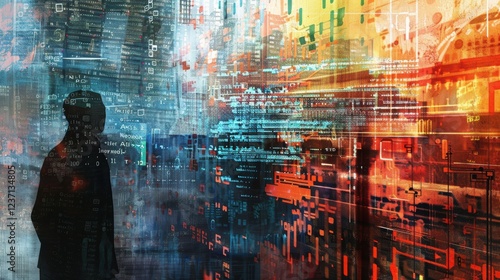Cybersecurity Concept with Hackers and Layered Firewall Protections in Digital Data Breach Attempt