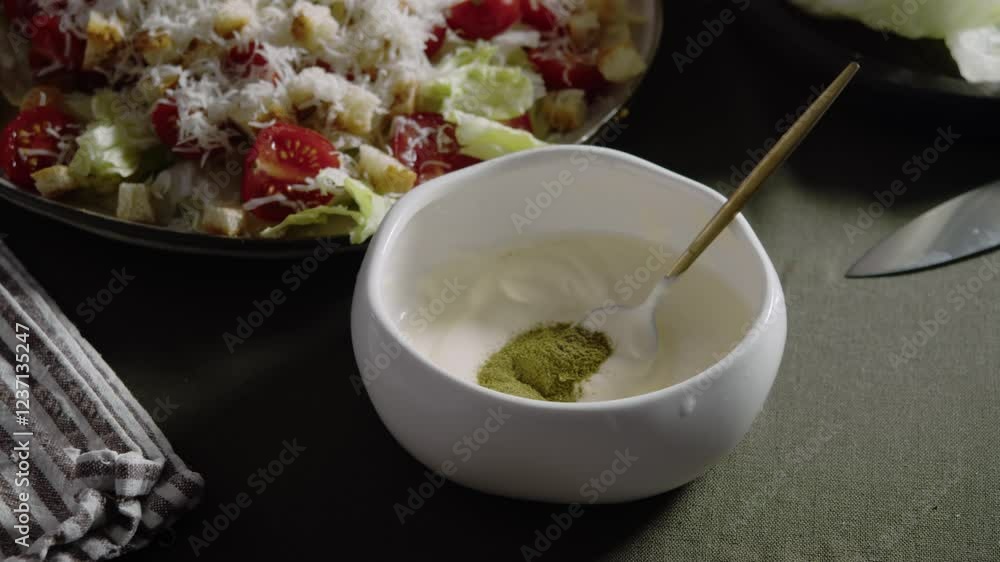 Cook adds small amount of powdered green seasoning, made from Italian herbs and marjoram, to plate that has white sauce, based on sour cream and mayo, that is specifically prepared for Caesar salad Cook adds small amount of powdered green seasoning, made from Italian herbs and marjoram, to plate that has white sauce, based on sour cream and mayo, that is specifically prepared for Caesar salad