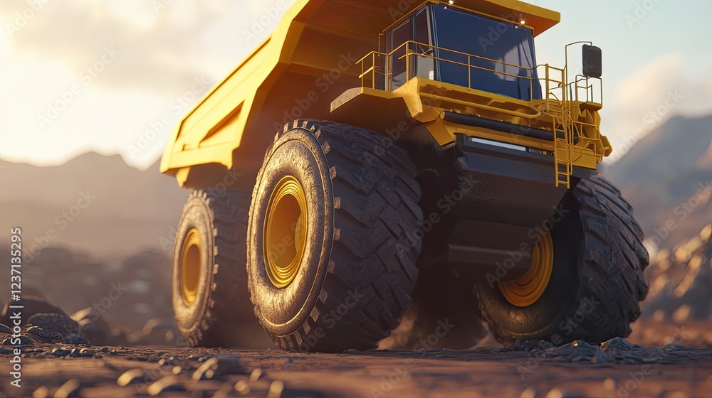 Large Yellow Mining Dump Truck on Rocky Terrain Large Yellow Mining Dump Truck on Rocky Terrain