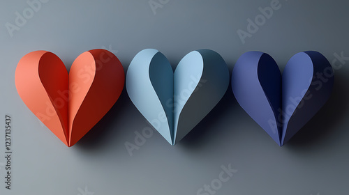 Three heart shapes in bold colors create a striking artwork enhancing emotional depth and visual appeal in a contemporary setting. Sculptural Depth. Illustration photo