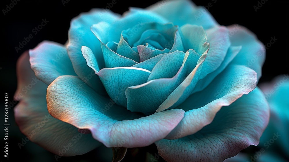 Obraz premium Close-up of a vibrant turquoise rose on a black background, enhanced with an isolated clipping path for design