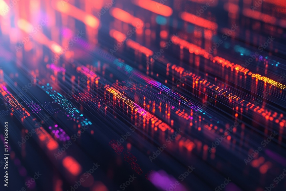 Obraz premium Futuristic interface of digital data matrix with vibrant red and blue lights, symbolizing advanced technology, big data analytics, and programming concepts