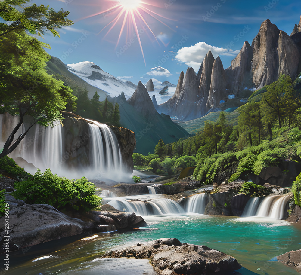 Naklejka premium Fantasy realistic Stunning natural objects including lakes and mountains.mountains lake boat Background and use it as your wallpaper, posters and banners.Generative AI 