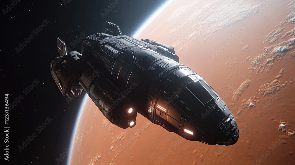 Naklejka premium Dark spaceship orbiting a red planet in space