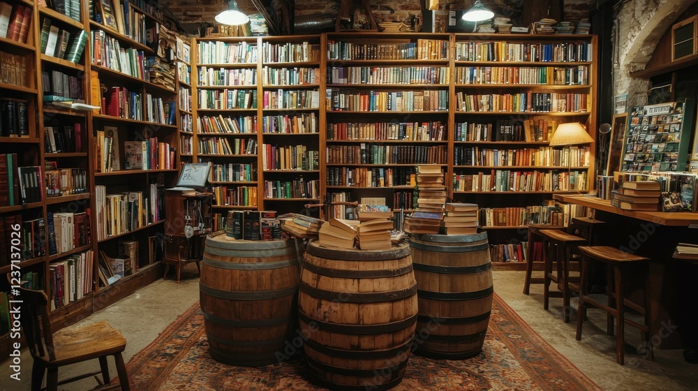 Obraz premium Cozy Vintage Bookstore with Wooden Barrels and Warm Lighting