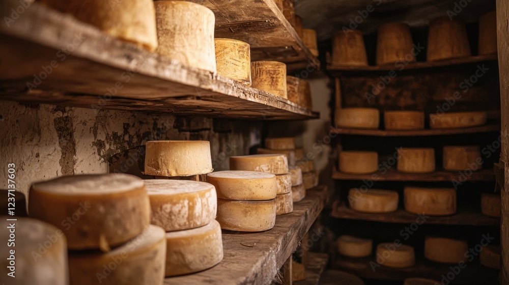 Fototapeta premium Aged Cheese Wheels on Wooden Shelves in Rustic Cheese Cellar