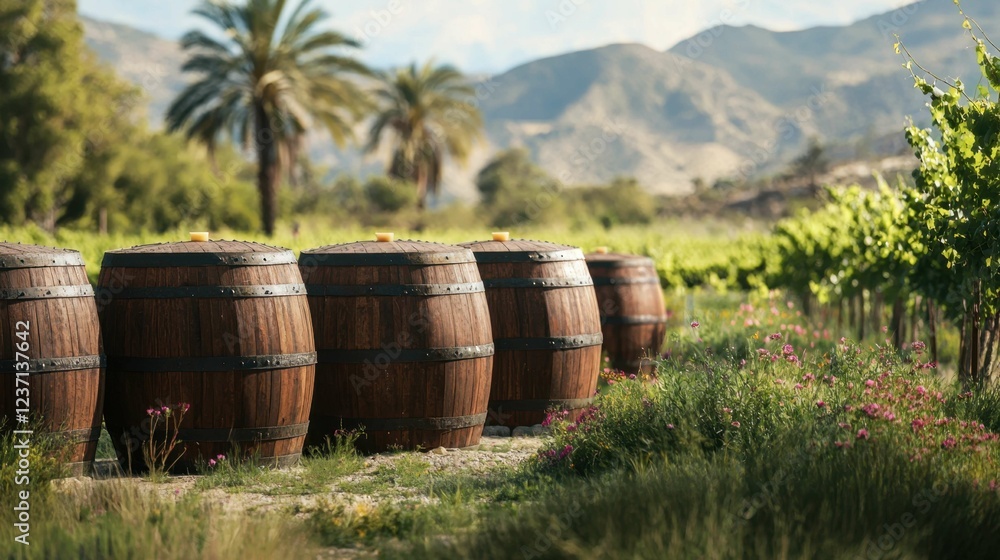 Wooden Barrels in Vineyard with Mountains and Palm Trees Background