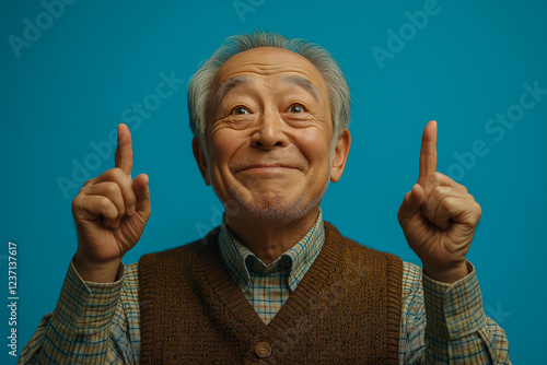 Portrait of an elderly Asian man on a blue background.
