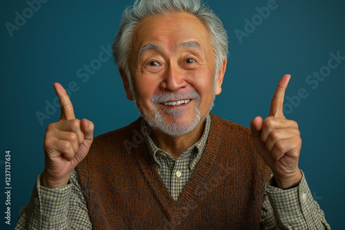 Portrait of an elderly Asian man on a blue background.