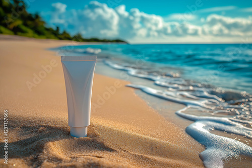 a white tube of cosmetic cream without labels on the background of the beach.