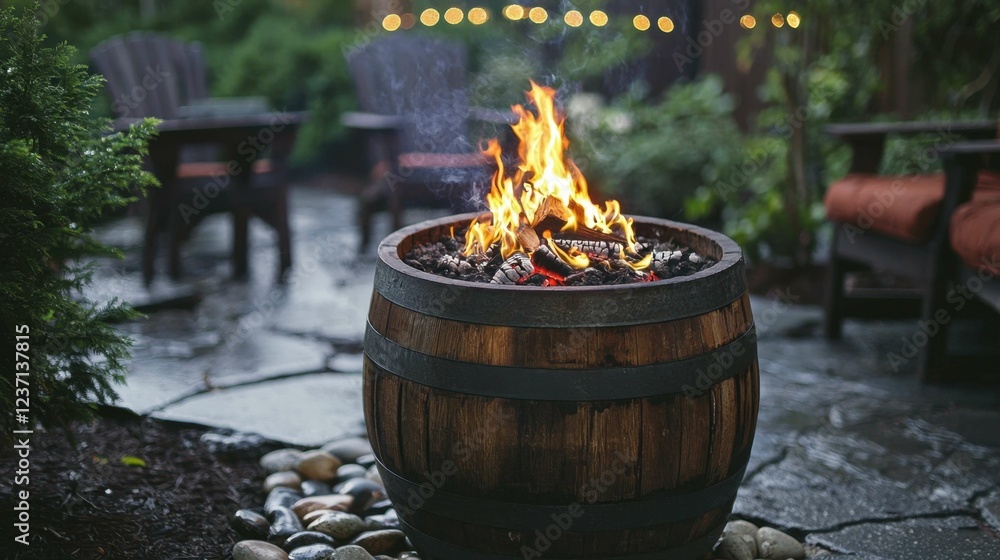 Cozy Outdoor Fire Pit in a Rustic Barrel Surrounded by Nature Cozy Outdoor Fire Pit in a Rustic Barrel Surrounded by Nature
