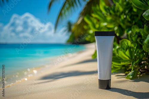 a white tube of cosmetic cream without labels on the background of the beach.