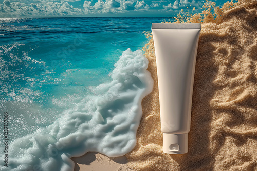 a white tube of cosmetic cream without labels on the background of the beach.