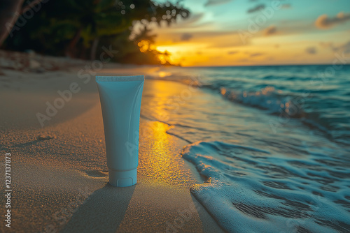 a white tube of cosmetic cream without labels on the background of the beach.