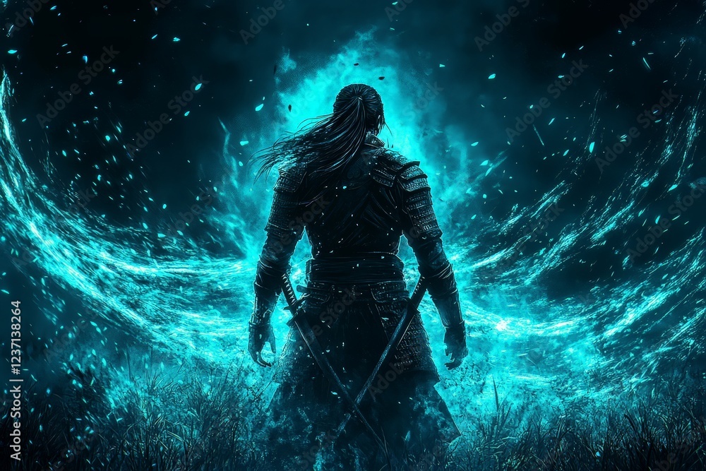warrior stands in forest, engulfed by a swirling ethereal flame. The warrior's silhouette is illuminated by the otherworldly fire warrior stands in forest, engulfed by a swirling ethereal flame. The warrior's silhouette is illuminated by the otherworldly fire