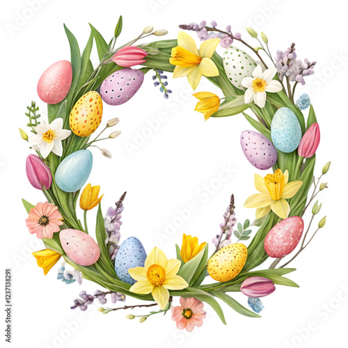 Watercolour spring easter floral wreath with pink and blue eggs