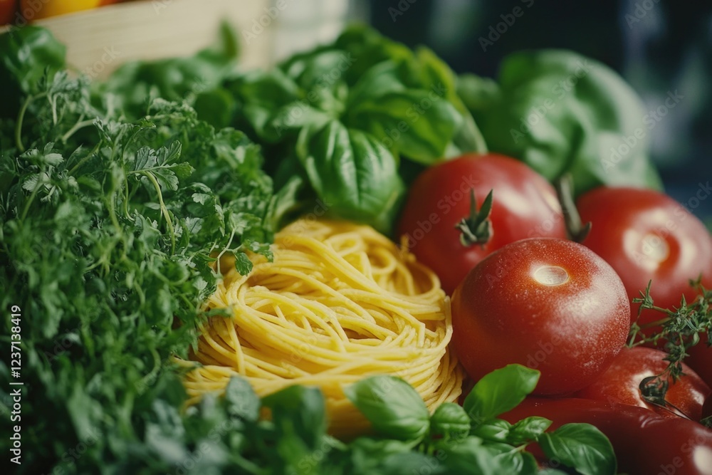 Fresh pasta bowl with tomato sauce, basil and a variety of vegetables for a healthy meal option. Fresh pasta bowl with tomato sauce, basil and a variety of vegetables for a healthy meal option.