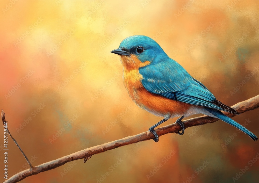Nature Illustration: A Watercolor Blue Bird with a Yellow Abdomen and Blue Crown Nature Illustration: A Watercolor Blue Bird with a Yellow Abdomen and Blue Crown