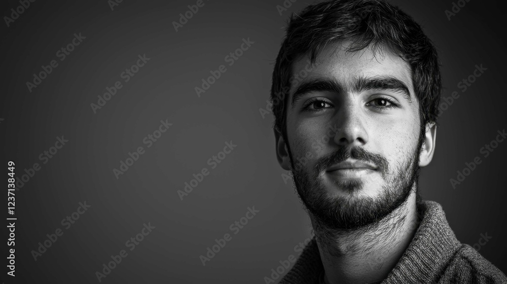 Obraz premium Portrait of a Young Man with Beard and Knit Sweater in Monochrome