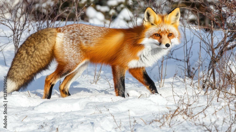 Red fox in winter landscape walking through snow-covered field Red fox in winter landscape walking through snow-covered field