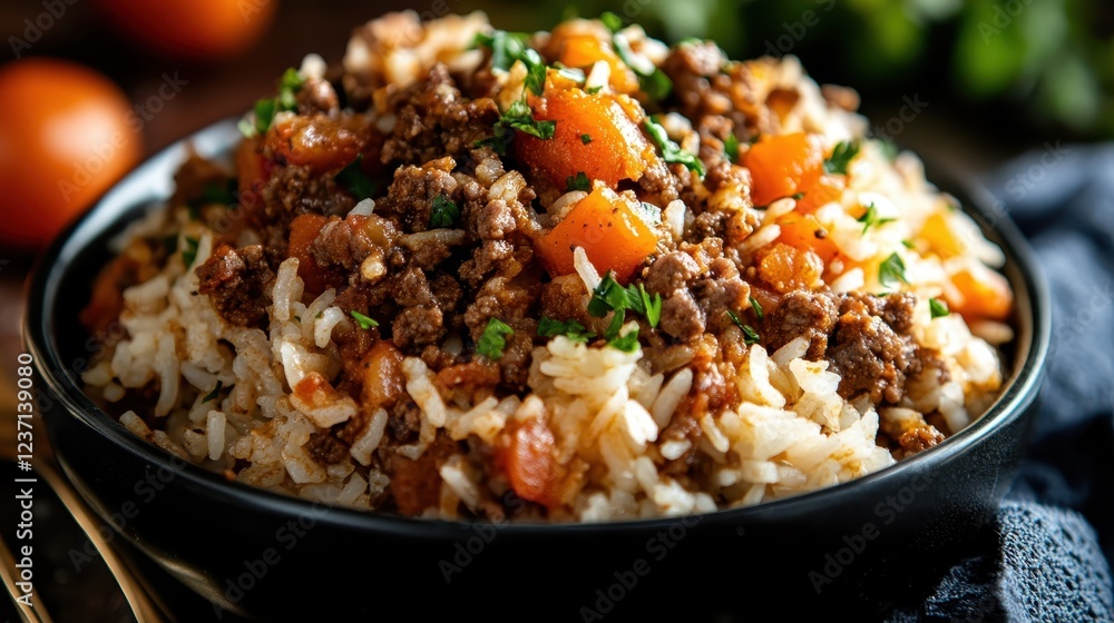 A tempting bowl of savory rice topped with ground meat and veggies presents a colorful and hearty meal option, promising a delightful culinary experience for food lovers. A tempting bowl of savory rice topped with ground meat and veggies presents a colorful and hearty meal option, promising a delightful culinary experience for food lovers.