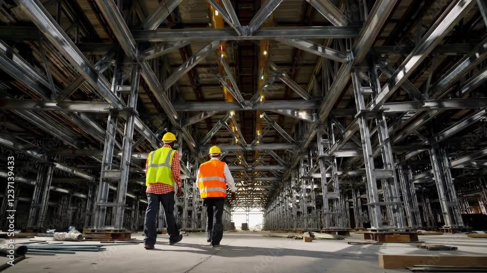 Construction workers checking structural progress, wearing safety gear while walking through metal framework of partially completed building project. Concept work on construction site Construction workers checking structural progress, wearing safety gear while walking through metal framework of partially completed building project. Concept work on construction site
