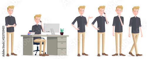 Cartoon Businessman Character in different poses, Sitting on Office Chair, Arms Folded, Thinking, Showing, Walking Premium Vector