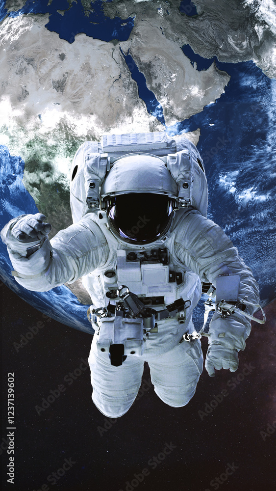 Astronaut in a spacesuit floating in space with Earth in the background. Elements of this vertical 3D rendered illustration were furnished by NASA.