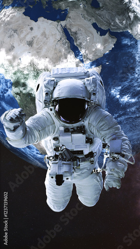 Astronaut in a spacesuit floating in space with Earth in the background. Elements of this vertical 3D rendered illustration were furnished by NASA.