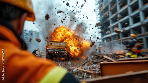 This intense scene captures a massive explosion at a construction site, showcasing chaos and danger, as debris flies and flames engulf everything in sight. photo