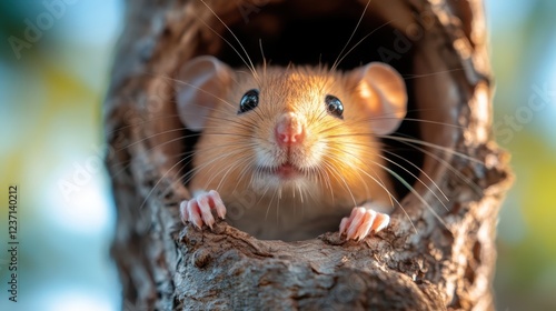 A cute mouse peering from a hollow in a tree, showcasing its expressive eyes and twitching whiskers in a vibrant natural setting, capturing its charm and curiosity. photo