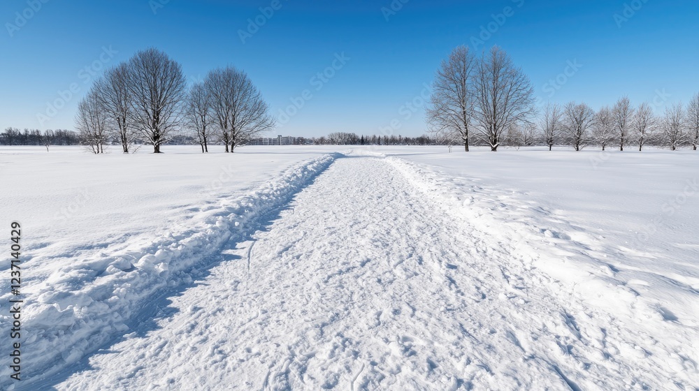 Snowy path through winter field, trees, clear sky, peaceful landscape, winter travel Snowy path through winter field, trees, clear sky, peaceful landscape, winter travel