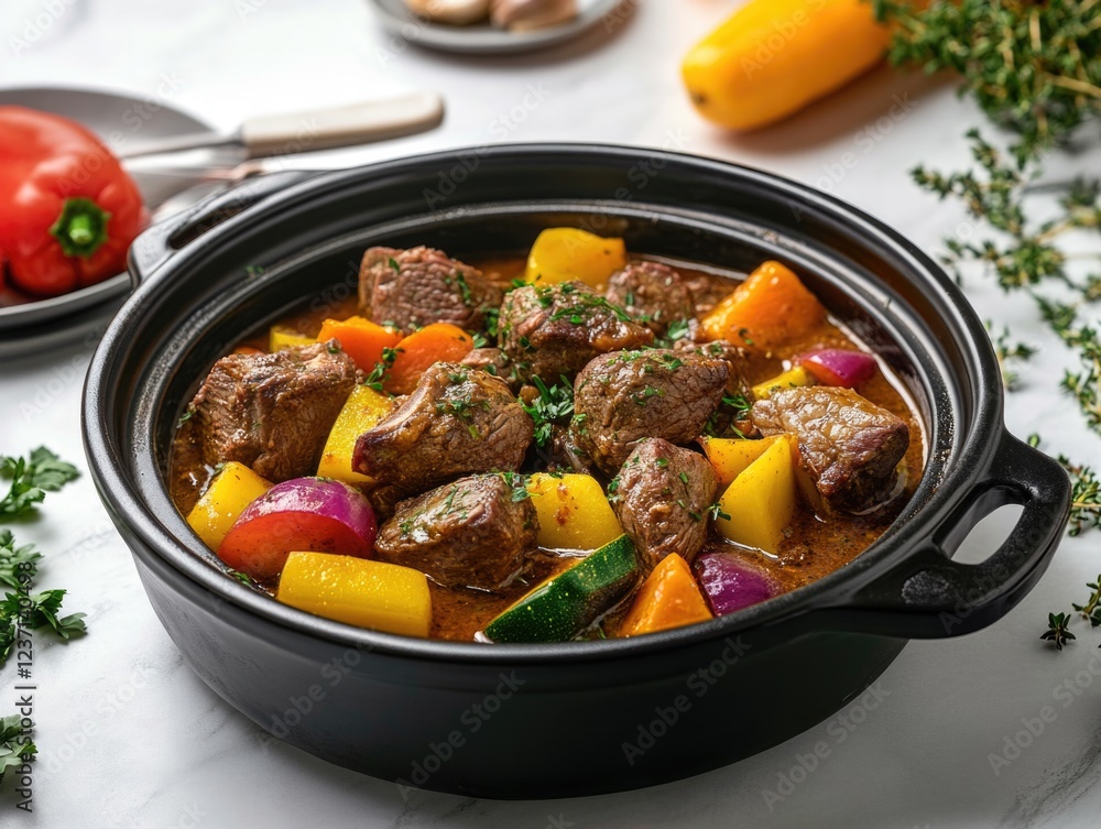 A black pot filled with meat and vegetables. The vegetables include carrots, onions, and peppers. The meat is cooked and he is tender. The dish looks hearty and delicious A black pot filled with meat and vegetables. The vegetables include carrots, onions, and peppers. The meat is cooked and he is tender. The dish looks hearty and delicious