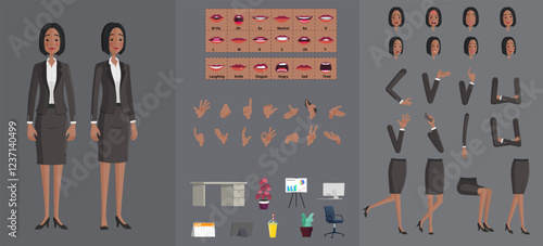 Stylized Black Businesswoman Character Creation Set, Cartoon woman Wearing Black Suit with Movable Joints for rigging and Animation, Lip-sync, Hand Gestures, Emotions and Poses, Premium Vector