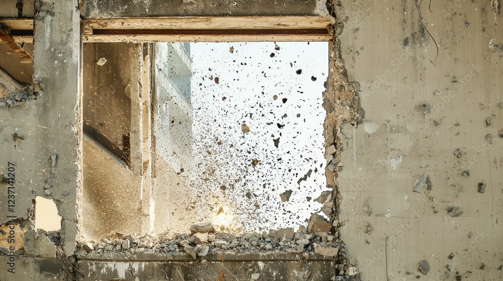 Construction site with dust and debris from wall demolition Construction site with dust and debris from wall demolition