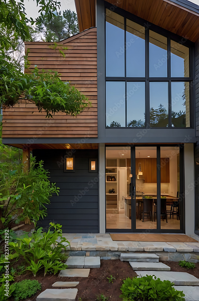Fototapeta premium Modern Architectural Design: Luxurious Contemporary Home Exterior with Stunning Stone and Wood Details