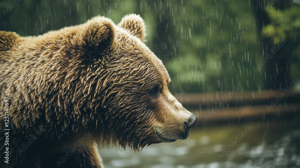 Obraz premium Majestic Brown Bear in Rainy Forest Setting with Soft Focus Background