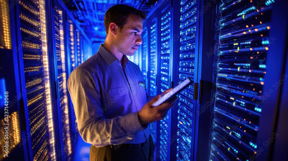 Fototapeta premium Focused Professional in Dimly Lit Server Room Illuminated by Glowing Data Racks for Technology Design