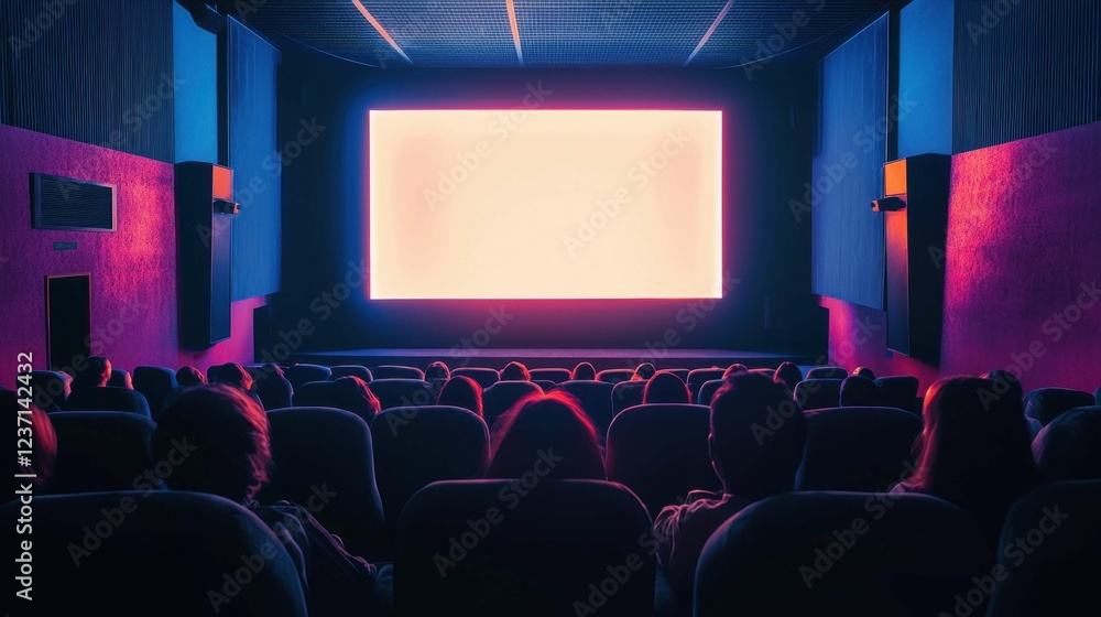 Obraz premium Empty cinema interior with glowing screen and audience silhouettes