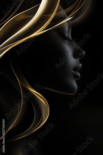 Elegant Abstract Portrait with Golden Wave Accents and Subtle Black Background