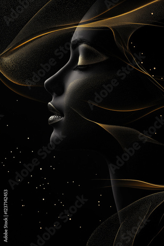 Elegant Abstract Portrait with Golden Wave Accents and Subtle Black Background
