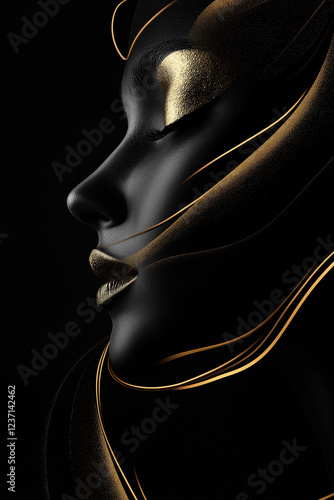 Elegant Abstract Portrait with Golden Wave Accents and Subtle Black Background