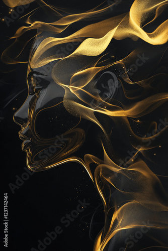 Elegant Abstract Portrait with Golden Wave Accents and Subtle Black Background