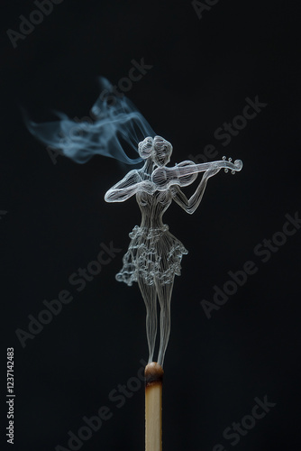 Artistic Smoke Sculpture of Ballet Violinist Emerging from Burning Matchstick