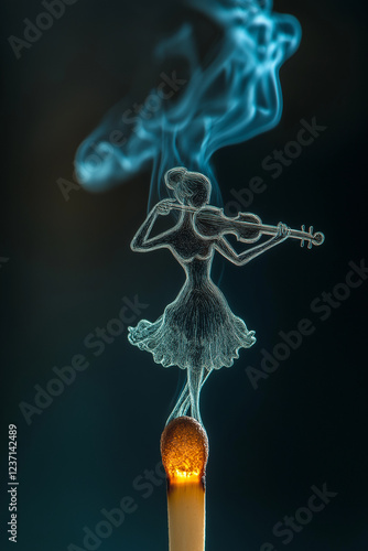 Artistic Smoke Sculpture of Ballet Violinist Emerging from Burning Matchstick