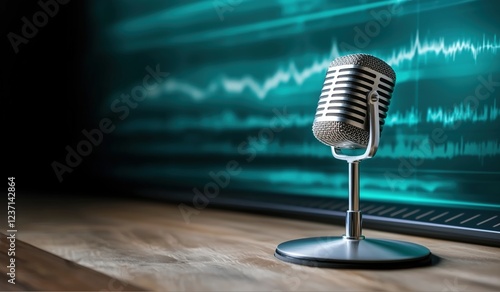 Vintage Microphone on Desk with Audio Waveform Background: Perfect for Podcast, Radio, and Voice Recording Projects photo