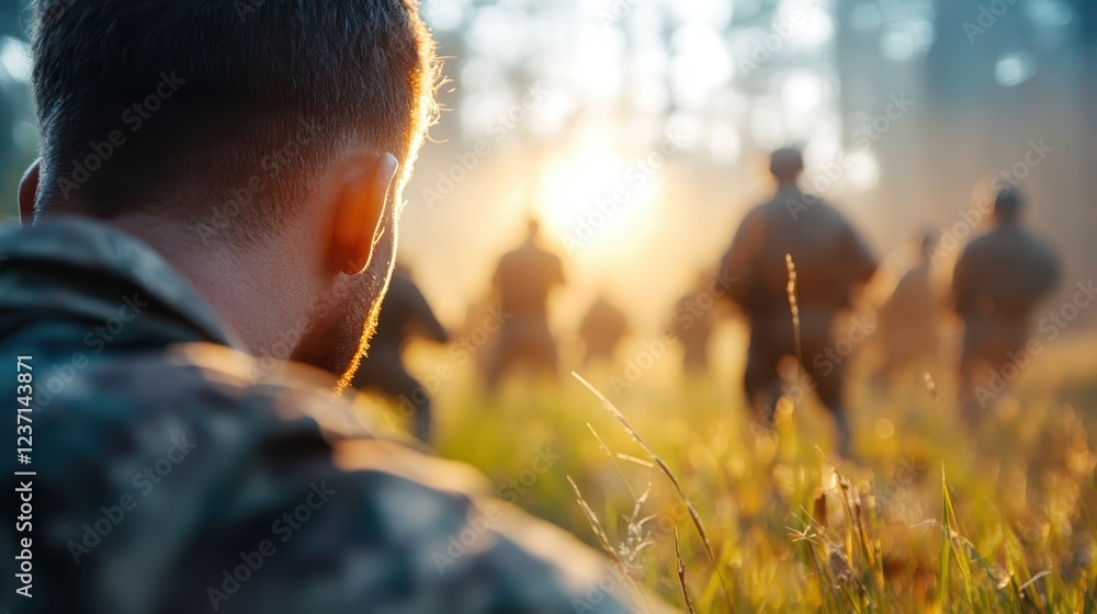 A soldier silently observes his troop in a golden moment at sunset, embodying the camaraderie and unity shared within military ranks against the backdrop of nature’s beauty. A soldier silently observes his troop in a golden moment at sunset, embodying the camaraderie and unity shared within military ranks against the backdrop of nature’s beauty.