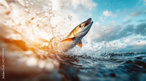 A stunning image of a fish leaping from the water, creating splashes in a warm sunset glow, capturing the exhilaration of nature at its finest and moment of action. photo