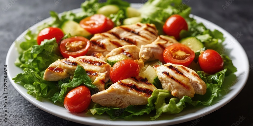 A plate of grilled chicken, tomatoes, and lettuce. The plate is white and the food is colorful A plate of grilled chicken, tomatoes, and lettuce. The plate is white and the food is colorful