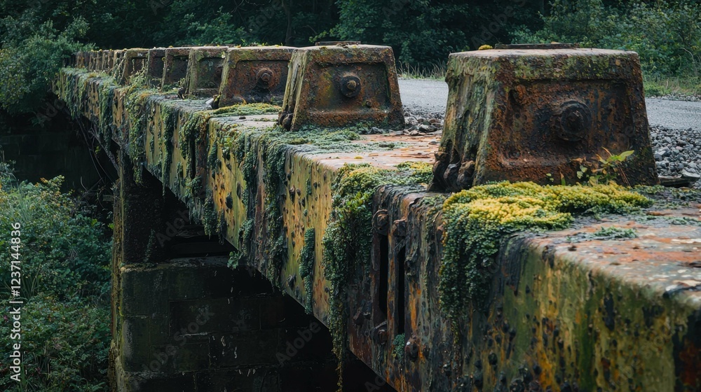 Abandoned Bridge Covered in Moss and Rust Amidst Lush Greenery Abandoned Bridge Covered in Moss and Rust Amidst Lush Greenery
